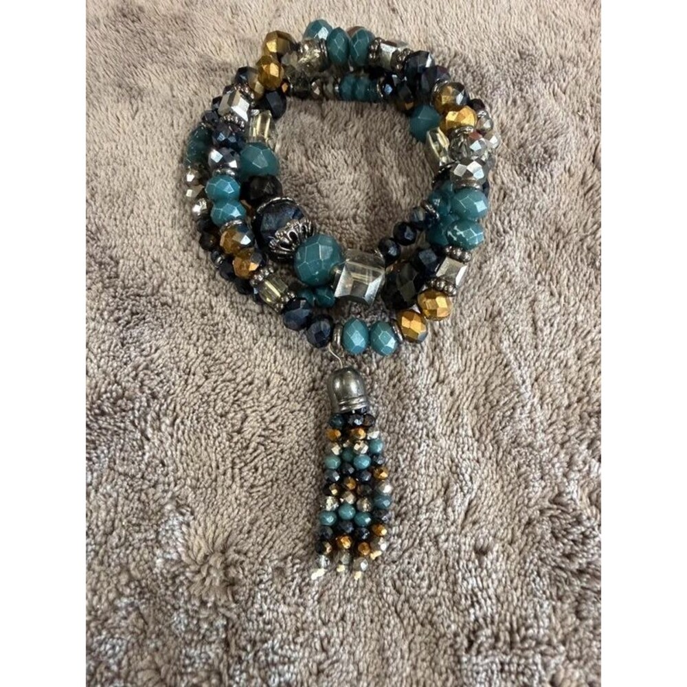 Blue Beaded Tassel Stretch Bracelet